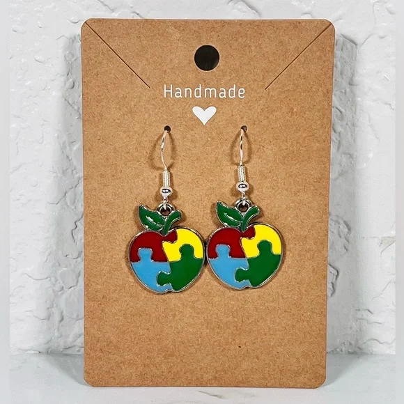 Autism Puzzle Piece Apple Earrings - Picture 8 of 8